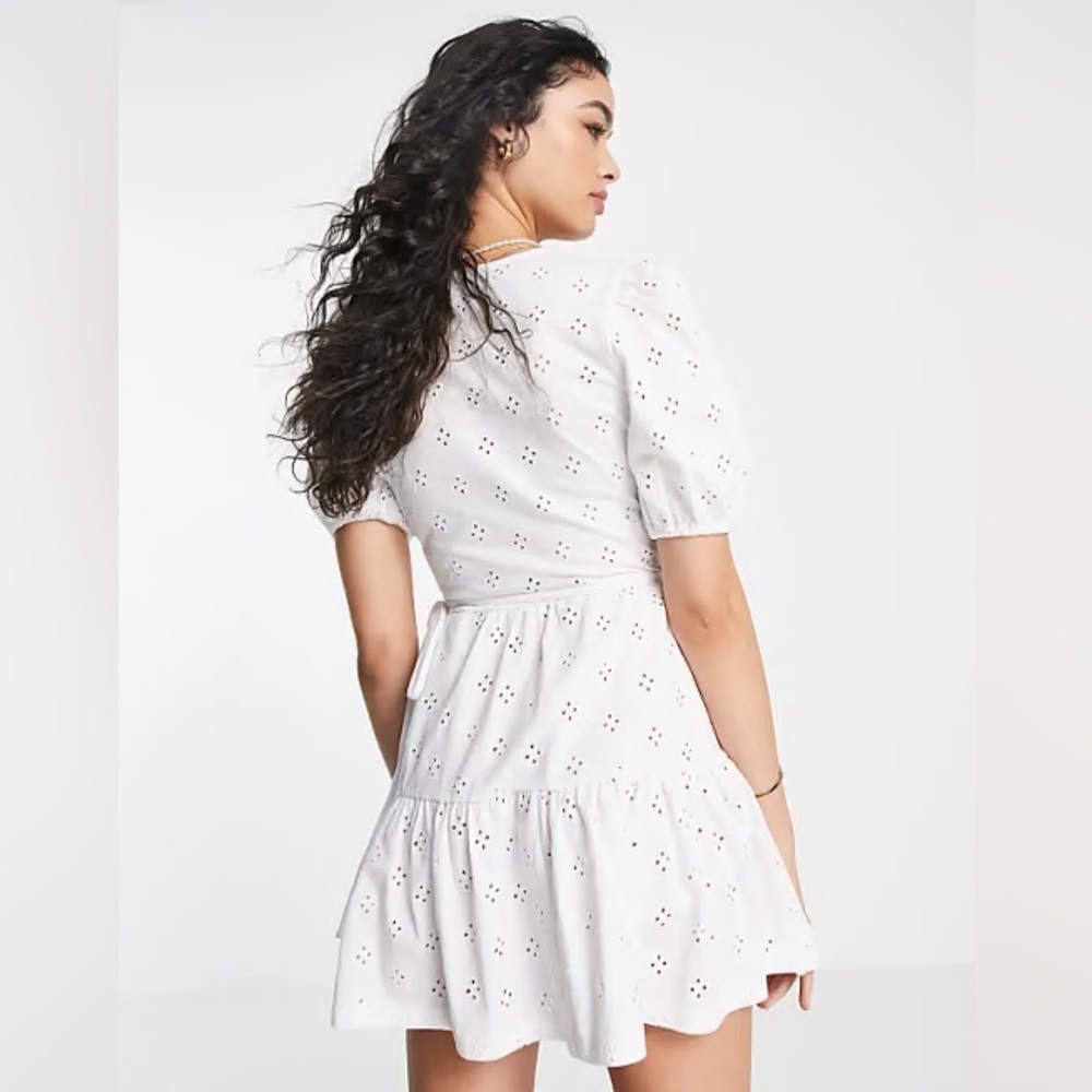 ASOS Design White Cotton Eyelet Embroidered Mini Wrap Dress Size 6